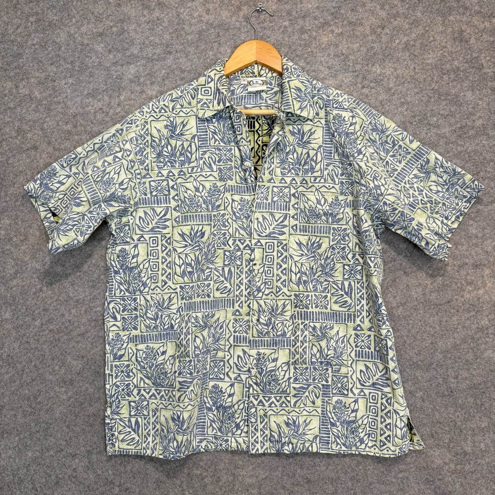VTG Go Barefoot Hawaiian Camp Shirt Mens Large Tribal‎ Floral Reverse Print USA